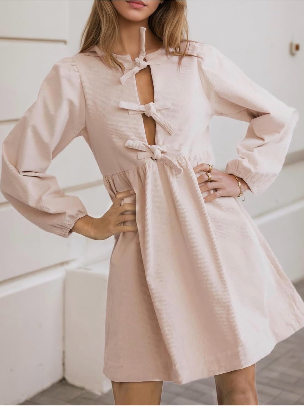 Aaron & Amber Babydoll Corduroy Dress Puff Sleeve Bow Tie Front Ruffle Dress Med